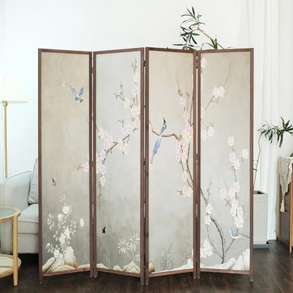 4 Panel Room Divider, 5.6 ft Tall Double-Sided Blackout Folding Privacy Screen – Freestanding Wall Partition with Plums and Birds Scenery for Home Office, Easy Setup (67" H x 63" W) - color: Plums and Birds, size: 4 Panel