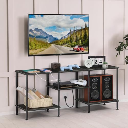 OYEAL Bedroom TV Stand with Power Outlets up to 50 inch TV, Small Entertainment Center Stand with Storage Modern Media TV Console Table for Living Room Bedroom, Dark Grey - color: Dark Grey