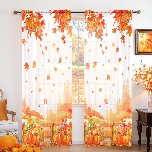 youleyar Fall Sheer Curtains for Living Room 63 Inches Long 2 Panels White Semi-Sheer Curtain with Pumpkin&Maple Leaves Printed Pattern Fall Rod Pocket Voile Drapes for Bedroom, 52" W x 63" L - color: Flall - Pumpkin, size: 52"W x 63"L (Pack of 2)