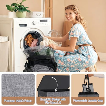 Collapsible Laundry Hamper with Lid 100L, Large Laundry Basket with Removable Mesh Bag for Bedroom, Bathroom,Closet, Dorm(Grey)