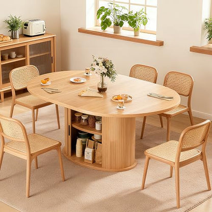 Wildhome Extendable Round Dining Table for 2-4-6, 63 Inch Dining Room Kitchen Table with 2-Tier Storage Shelf, Modern Farmhouse Fluted Wood Slide Door Dinner Furniture,Oval Circle (Oak-63 Inch) - color: Oak-63 Inch