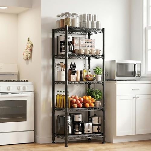 Romorgniz 5 Tier Storage Shelves for Small Space, Adjustable Metal Shelving Unit, Storage Rack Standing Bathroom Shelf and Narrow Shelf for Laundry Dorm Kitchen Pantry, 15.75" W*11.81" D*53.15" H - color: Black, size: 53.15"H x11.81"D x 15.75"W