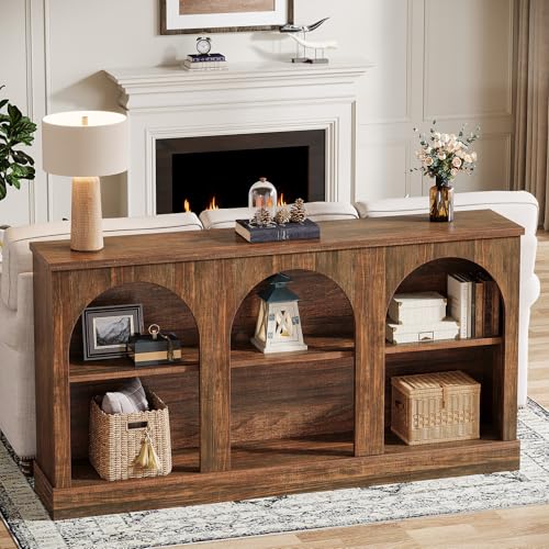 Tribesigns Console Table with Storage, 63" Long Arched Entryway Table | 3 Tier Wooden Farmhouse Rectangular Sofa Table Behind The Couch for Entrance, Hallway, Foyer, Living Room, Dark Brown - color: Dark Brown