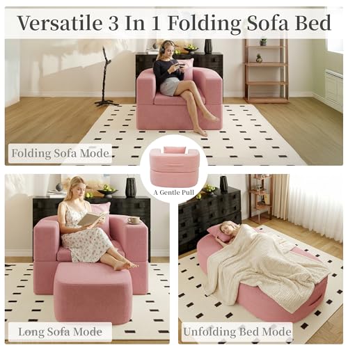 40" Pull Out Couch,2 in 1 Sleeper Sofa Bed,Convertible Sleeper Chair with Pillow Foldable Mattress with Back Support,Teddy Fleece,Pink - color: Pink