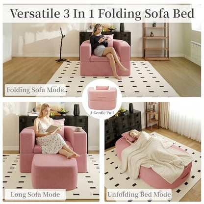 40" Pull Out Couch,2 in 1 Sleeper Sofa Bed,Convertible Sleeper Chair with Pillow Foldable Mattress with Back Support,Teddy Fleece,Pink - color: Pink