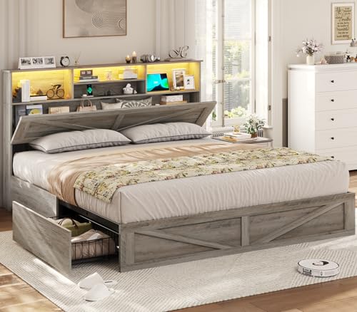 Farmhouse Bed Frame King Size with Bookcase Storage Headboard, Charging Station and LED Lights, Wooden King Bed Frame with 4 Drawers, Barn Door Design, No Box Spring Needed, No Noise, Grey - color: Grey, size: King