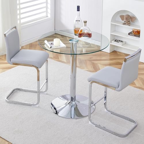 gopop 3 Piece Dining Table Set for 2, Modern Round Glass Counter Height Pub Table, Compact High Top with Bar Stools Pub Dining Set for Kitchen, Breakfast Room, Dining Room. (Light Grey, 3 Piece) - color: Light Grey