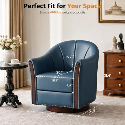 360° Swivel Accent Chair, Faux Leather Swivel Barrel Chairs | Nailhead Trim & Wood Base, Round Armchair Club Chair, Modern Reading Chairs for Living Room (BX01, Wood Blue) - color: Wood Blue