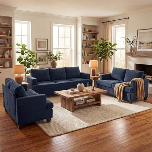 YOUDENOVA Sofa Couch, 3 Piece Set Comfy Sofa, 2 Loveseat & 3 Seater Sofa with Deep Seats for Living Room, Modern Sleeper Couch, Navy Chenille - color: Blue Chenille, size: 3-Seater + Loveseat*2