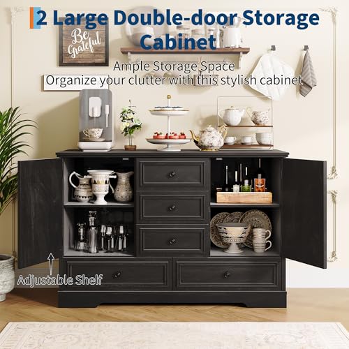GarveeHome 47" Farmhouse Sideboard Buffet Cabinet,Sideboard Storage Credenza with 5 Drawers and 2 Doors,Wood Coffee Bar Cabinet,Buffet Table for Dining Room Living Room,Black01 - color: Black01