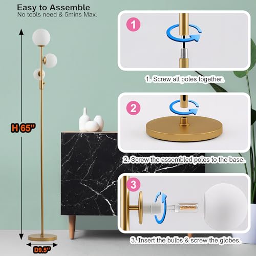 Fiqevs Dimmable 3 Globe Floor Lamp - Mid Century Modern Gold Standing Lamp with Frosted Glass Shade & LED Bulbs for Living Room, Bedroom, Office - color: 3 Globe- DM Gold