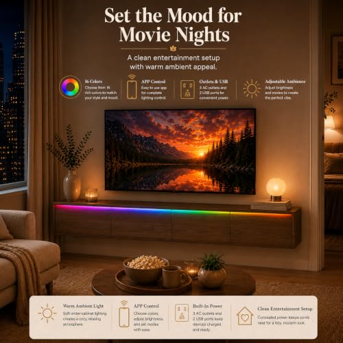 Brown Floating TV Stand Wall Mounted, 72.8" Media Console | Fits Up to 80* TV, Brown finish, midcentury modern tv stand. - color: Brown-c
