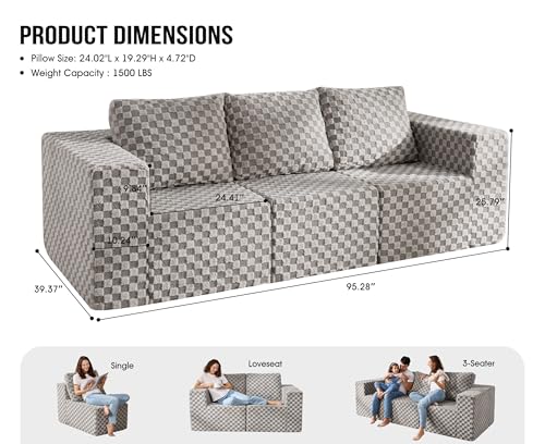Hobestluk 3 Seater Modular Couch with Deep Seat Oversized Sectional Sofa | PLUSH GREY,3-Seater,Cozy Fabric,Memory Foam,No Assembly,Cloud Chair,With Pillows,For Livingroom Bedroom,Free Combination - color: Light Grey, size: 3-Seater