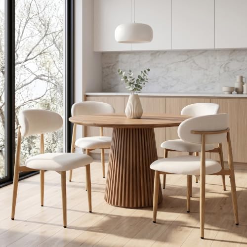 UVV Dining Chairs Set of 4, Metal Kitchen Chairs with Modern Fabric Upholstered for Dining Room, Beige - color: Beige Seat /Wood-grain Metal Legs