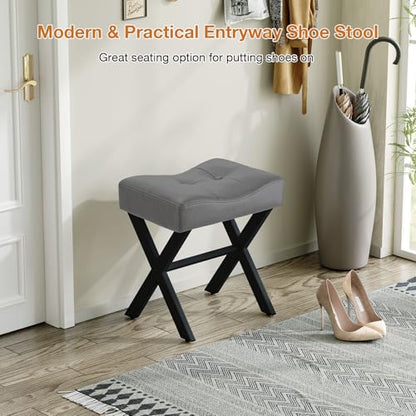 18-Inch Leather Vanity Stool Chair, Gray Makeup Stool | Vanity Bench, Metal X-Leg, 300 LBS, 16.3"x12.4"x18", Ottoman Accent Stool, Thick Padded Saddle Seat, For Living Room Bedroom - size: Small, style: Gray Leather