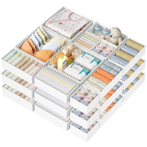 DIMJ Drawer Organizer Clothes Storage - 24 Pack Baby Dresser Organizer for Nursery, Small Fabric Closet Drawer Organizer Bins for Underwears Socks, Foldable Storage Dividers Organization for Bedroom - color: White, size: 24 Pack