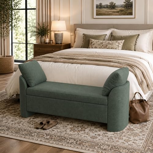 Usaint 58.3" Upholstered Storage Ottoman Bench with 2 Throw Pillows, Green | End of Bed Bench with Curved Arms and Thickened Seat Cushion for Bedroom, Livingroom, Window, Entryway and Dressing Areas - color: Green