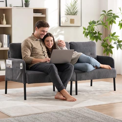 Loveseat Sofa, 67” Small Sofa Couch for Living Room, Comfy Corduroy Fabric Love Seat for Bedroom with Throw Pillow,Removable Cushion Cover,Couches for Small Space,Apartment,Dorm (Gray) - color: Grey, size: 67"