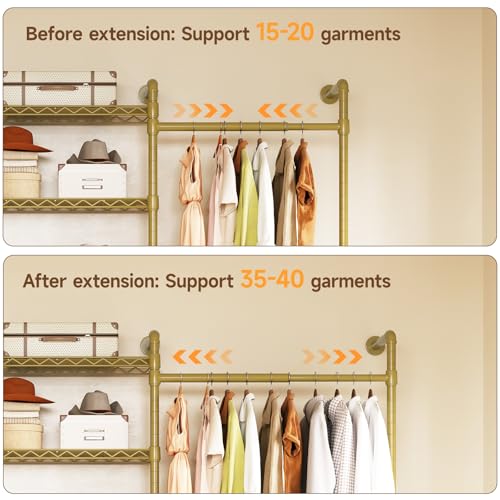 H6 Wall Mounted Closet System, Industrial Pipe Clothes Rack, Gold | Metal Clothing Rack with 6 Telescopic Rods & 3 Fixing Rods & 9 Shelves, Heavy Duty Closet Organizers and Storage in Wardrobe - color: Gold