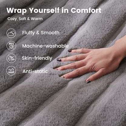 Cozy Bliss Deluxe Sheared Rabbit Faux Fur Throw Blanket, Soft Fuzzy High-Low Sculpted Plush Blanket for Couch, Cozy Home Accent, All Season Use, Grey 50"x60" - color: Stripe - Grey, size: Throw(50" x 60")