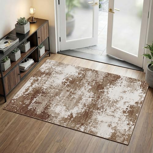 Entryway Rug 3x5 Brown Door Mat Indoor Entrance 36x60, Washable Small Throw Rugs for Kitchen Floor, Entry, Front Door, Bedroom Bedside, Non-Slip Low Pile Stain & Fade Resistant, Abstract Coffee - color: Brown, size: 3' X 5' (Rectangular)