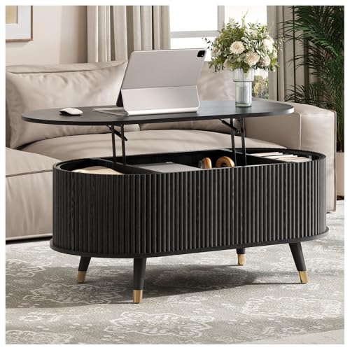 JOINICE Oval Lift Top Coffee Table with Storage for Living Room,42.5",Black | Large Hidden Storage,Boho Fluted Panel,Pop Up Center Table with Wooden Legs,Lifts to 22.4",Holds 88lbs,Easy Assembly - color: Black_oval