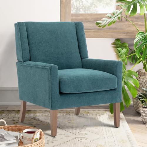 COLAMY Modern Wingback Living Room Chair, Upholstered Fabric Accent Armchair, Single Sofa Chair with Lounge Seat and Wood Legs for Bedroom/Office/Reading Spaces, Teal - color: Teal, size: Set of 1