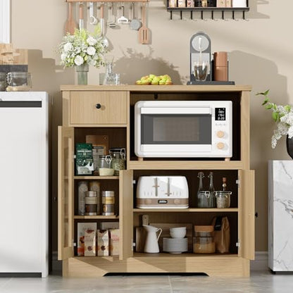 GarveeHome Kitchen Microwave Cabinet with Storage and Drawers, Natural | Modern Small Buffet Cabinet, Glass Doors, Adjustable Shelf, Wooden Sideboard, Wide Top, for Dining Room, Living Room - color: Natural