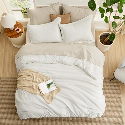 Bedsure 화이트 트윈 XL 이불 세트 침대 세트 듀얼 톤 5피스 172.7cm x 223.5cm(68x88인치) | Bed in a Bag 침구 세트, 사계절용, 기숙사 필수품, 대조적인 디자인, 부드러움, 시트 포함, 통기성, 침실 - color: 03 - 화이트/베이지, size: 트윈-XL