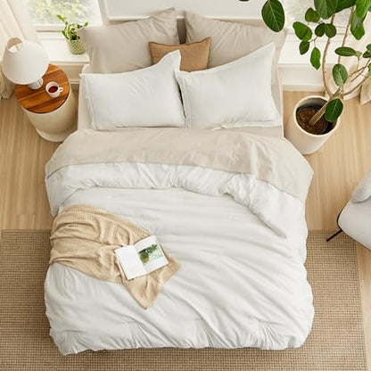 Bedsure 화이트 트윈 XL 이불 세트 침대 세트 듀얼 톤 5피스 172.7cm x 223.5cm(68x88인치) | Bed in a Bag 침구 세트, 사계절용, 기숙사 필수품, 대조적인 디자인, 부드러움, 시트 포함, 통기성, 침실 - color: 03 - 화이트/베이지, size: 트윈-XL