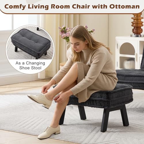 ANJ Armless Accent Chair with Ottoman Adjustable Backrest, Black Living Room Chair Tufted Upholstered Lounge Chair with Footrest Set, Modern Chair Cozy Reclining Chair for Reading Room Bedroom - color: Black, size: 1