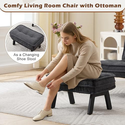 ANJ Armless Accent Chair with Ottoman Adjustable Backrest, Black Living Room Chair Tufted Upholstered Lounge Chair with Footrest Set, Modern Chair Cozy Reclining Chair for Reading Room Bedroom - color: Black, size: 1