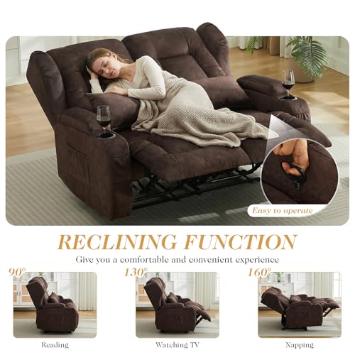 Loveseat Recliner Sofa,RV Wall Hugger Recliners for Small Spaces,Reclining Loveseat Sofa Recliner with Cup Holders/Lumbar Pillows,RV Furniture (Chestnut,56" 2-Seater) - color: Chestnut, size: 56" 2-Seater