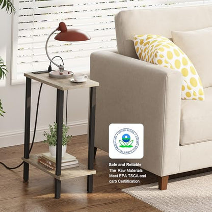TUTOTAK Narrow Side Table, 2-Tier Small End Table with Charging Station | Skinny Sofa Table, Slim Nightstand, Easy Assembly for Living Room, Bedroom, Greige TB01BG060 - color: Greige, size: 2-tier