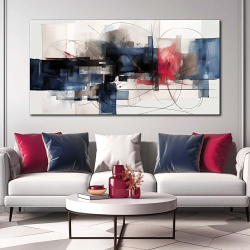 Fuwobriva Abstract Canvas Wall Art for Living Room Bedroom Office Large Wall Art Decor Abstract Wall Art Modern Black Red and Blue Geometry Painting Artwork 29"x58" - size: 29L" x 58W"