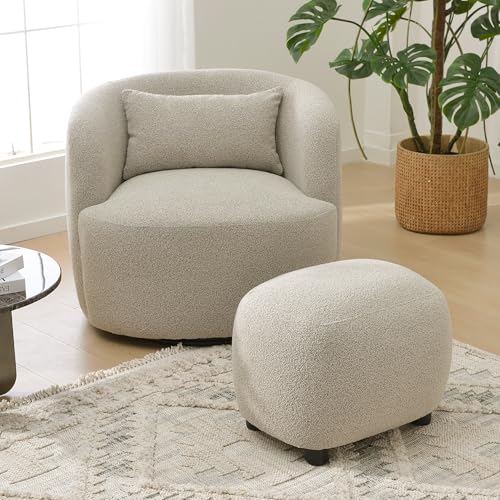 KINWELL Round Boucle Upholstered Ottoman Chair Padded Seat Footstool, Taupe | Easy Assembled Modern Soft Sofa Couch Loveseat Chair Footrest, Extra Seating for Bedroom Entryway, 18.5" D x 23" W x 16.5" H - color: Taupe