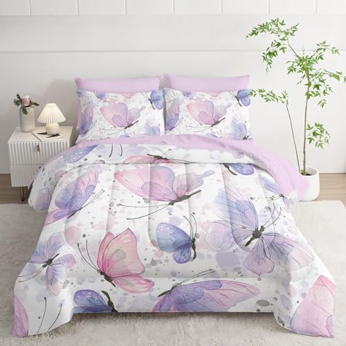 7Pcs Comforter Set Butterflies Printed Bedding Set with 1 Comforter, 1 Flat Sheet, 1 Fitted Sheet and 4 Pillowcases for Boys and Girls Bedroom All Season(Butterflies-2 Twin) - color: Butterflies-2, size: Twin 68x86inches