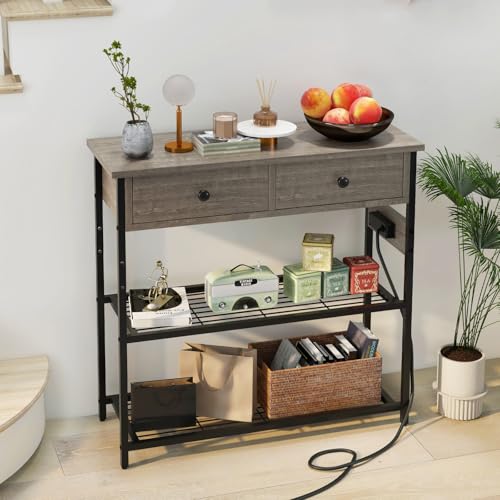 GIANTEX Industrial Console Table with Outlets, 3-Tier Narrow Entryway Table | Long Sofa Table w/ USB Ports, 2 Storage Drawers, Entry Table for Living Room, Hallway, Corridor, Behind Couch Use, Gray