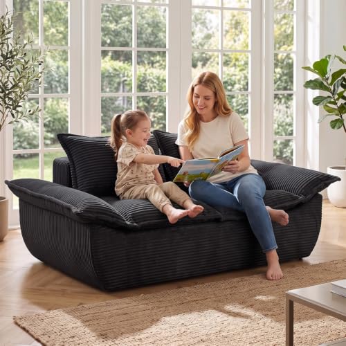56" Boneless Loveseat Sofa, 2-Seater Black Boneless Sofa with Removable Cushions & 2 Pillows, Small Couch Boneless Compress Foam Sofa for Living Room, Apartments, & Office - color: Black, size: Loveseat（56")
