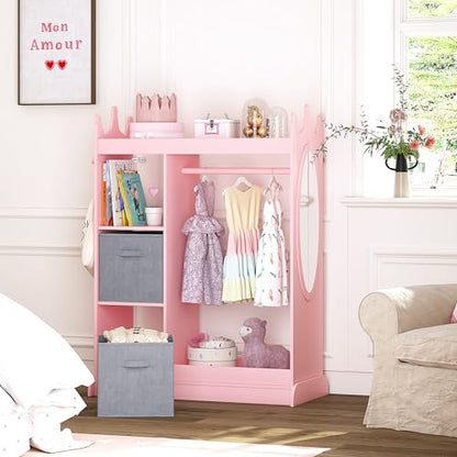 UTEX Kids Armoire Wardrobe Closet with Mirror and Storage Bin, Pink, 33.4 in W x 15.75 in D x 44.5 in H | See and Store Kids Wardrobe, Toddler Dress Up Rack, Open Hanging Armoire Closet, Water-based Paint, Princess Style - color: Pink