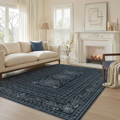 Nakagishi 5x7 Area Rugs Living Room: Washable Large Vintage Rug Neutral Non-Slip Soft Stain Resistant Indoor Carpet for Bedroom Nursery Dining Room Office Playroom - Navy - color: Navy, size: 5' x 7' (Rectangular)