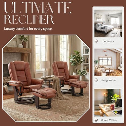 Swivel Recliner Chair with Ottoman Reclining Lounge Sofa Footrest, Set of 1 | 360°Sturdy Wood Base, Soft Faux Leather, Upholstered Ultra-Plush Foam, Modern Armchair, Living Room Bedroom Office Reading - color: Brown, size: Set of 1