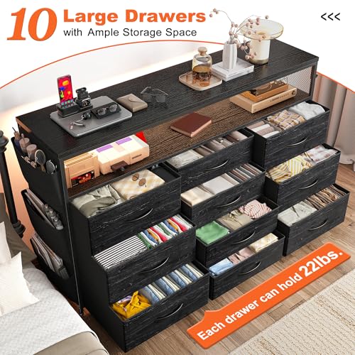EnHomee Dresser with 10 Drawers, LED TV Stand for 55" TV with Power Outlets | Chest of Drawers with Side Pockets and Shelves, Metal Frame and Sturdy Wood for Bedroom, Hallway, Black - color: Black