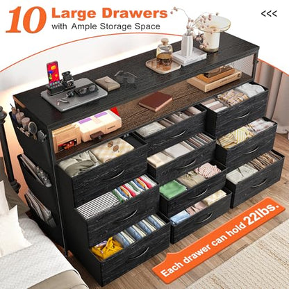 EnHomee Dresser with 10 Drawers, LED TV Stand for 55" TV with Power Outlets | Chest of Drawers with Side Pockets and Shelves, Metal Frame and Sturdy Wood for Bedroom, Hallway, Black - color: Black