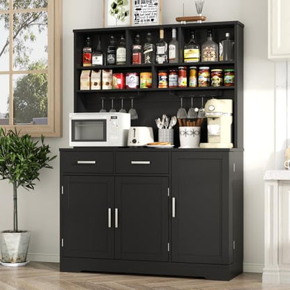Tall Pantry Cabinet with Darwers, Modern Kitchen Hutch with Microwave Stand | Kitchen Pantry Storage Cabinet with Door Shelf, Food Pantry with Goblet Holders & Adjustable Shelves for Dining Room, Black - color: Black-goblet Holders