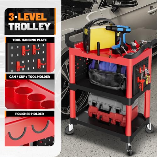 Auto Dynasty 3-Level Rolling Cart Trolley Storage Detailing Cart with Cup Holders Pegboard 120 kg/260 Lbs Capacity on Wheels Fits Garage, Warehouse, Home and Workshop, Black/Red - style: with 2 sides Pegboard