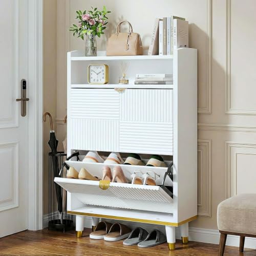 Shoe Storage Cabinet with 2 Flip Drawers & Open Shelves | Fluted Panel, Hidden Storage, Modern, Freestanding, Wooden, Narrow Shoe Cabinet for Entryway Small Room Apartment, White