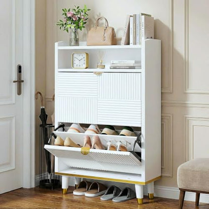 Shoe Storage Cabinet with 2 Flip Drawers & Open Shelves | Fluted Panel, Hidden Storage, Modern, Freestanding, Wooden, Narrow Shoe Cabinet for Entryway Small Room Apartment, White