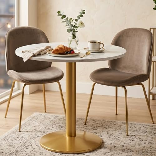 30 Inch Round Dining Table, Modern Tulip Bistro Table with White Faux Marble Top and Weighted Gold Pedestal Base, Small Kitchen Table for 2-4 People, Mid Century Style for Dining Room, Cafe, Office - color: White