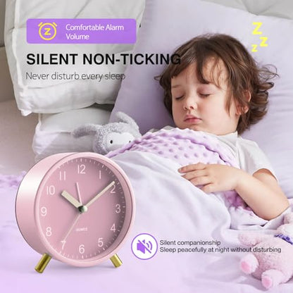 Back to School Silent Analog Quartz Alarm Clock for Kids Bedroom,Night Light, Battery Operated, Fashionable Round Metal - color: Pink